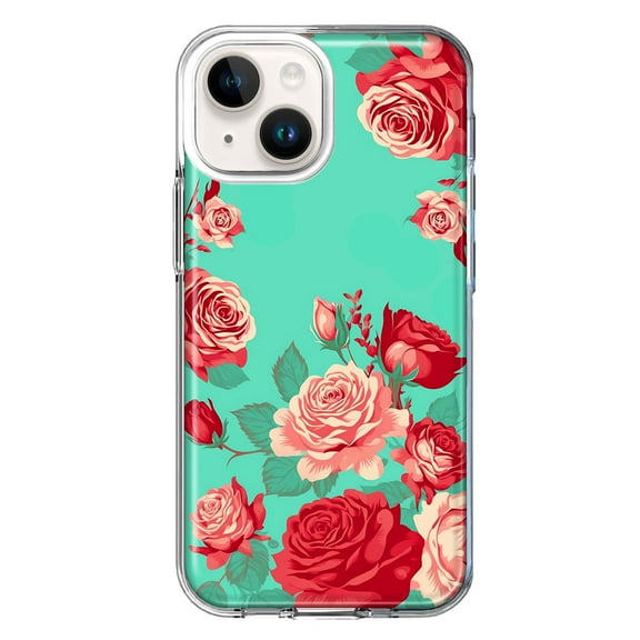 MUNDAZE Case for Apple iPhone 15 Hybrid Shockproof Slim Hard Soft TPU Shell Heavy Duty Protective Phone Cover - Turquoise Teal Vintage Pastel Pink Red Roses