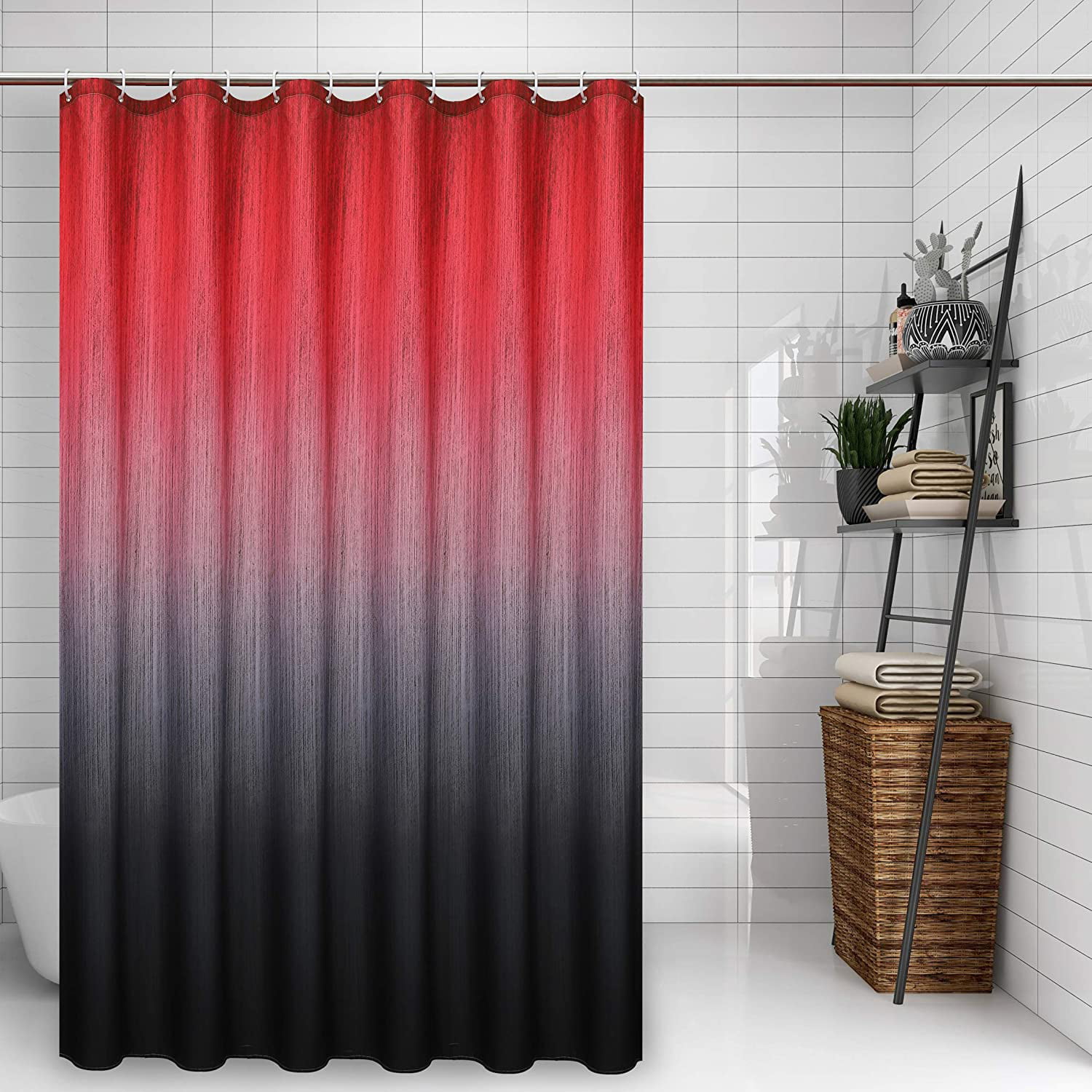 Gradient Rose Red Shower Curtain Bath Mat Waterproof Mildew Fabric & 12 Hooks 