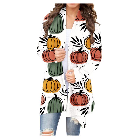 Odeerbi Halloween Pumpkin Cardigan for Women Vintage Fall Open Front Cardigan 2024 Fashion Printed Long Sleeved Jacket Tops Multicolor