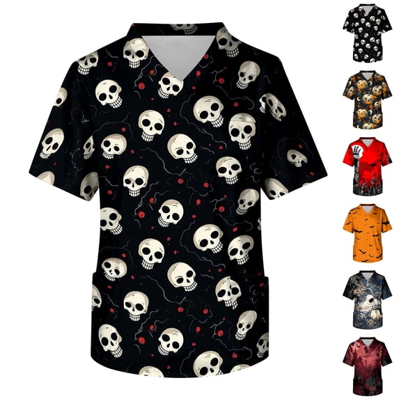 Men V Neck Short Sleeve Halloween Print Chest Pocket Scrub Top Comfortable Fit Soft Fabric Workwear Shirt
