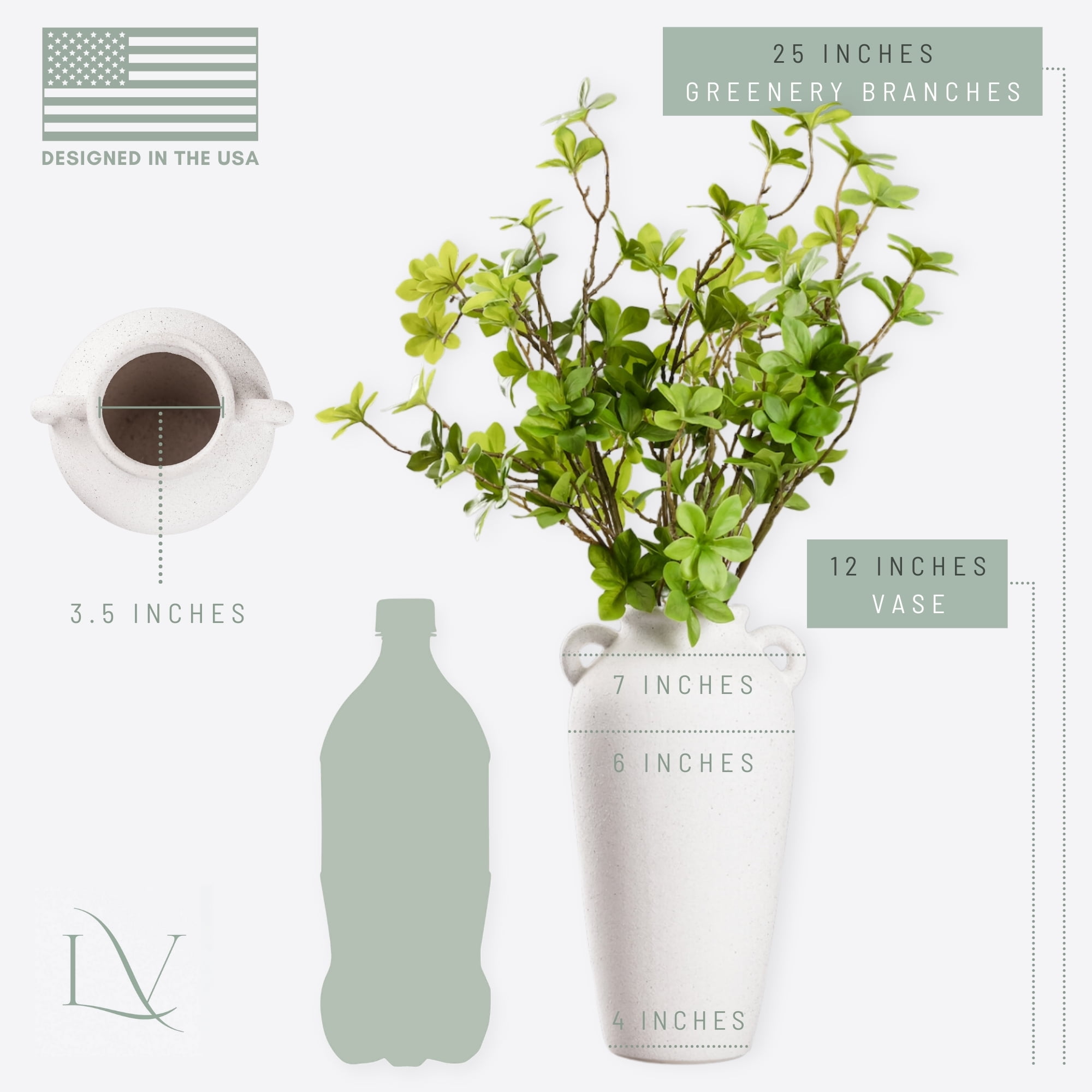 Laurel&Vine 12" Tall White Ceramic Vase, Speckled Textured Minimalist Jug, 5 Stems of 25" Faux Vibrant Artificial Greenery Branches, Farmhouse Console Table Centerpiece Decor, Fake Stems Plant