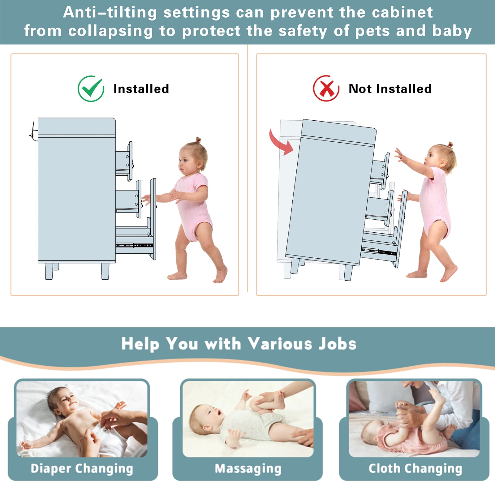 Oxylife Baby Nursery Changing Table Dresser with 3 Drawers and Shelf, Gray