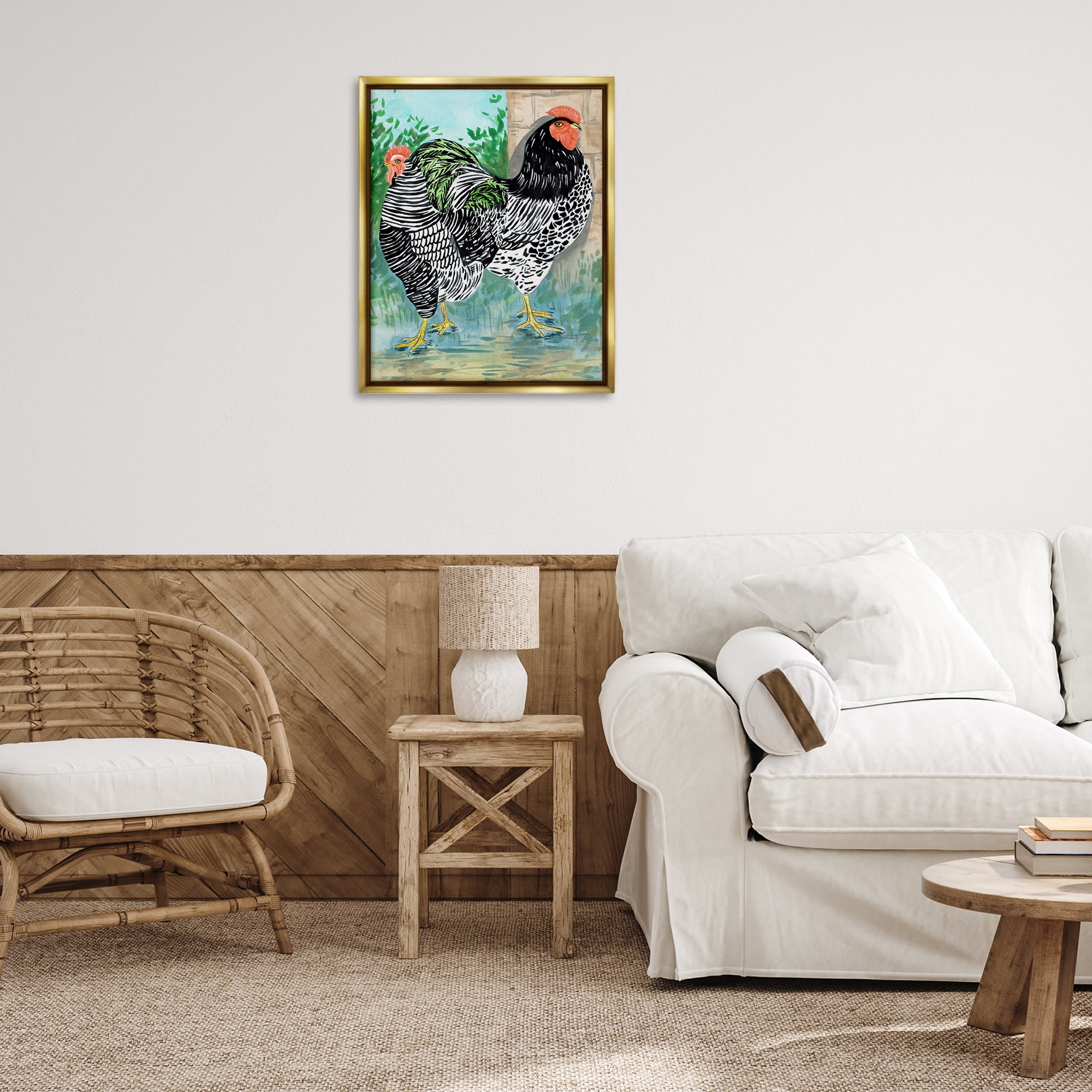 Stupell Industries Patterned Farmhouse Hens Animals Painting Gold Floater Framed Canvas Art Print Wall Art, 25 x 31