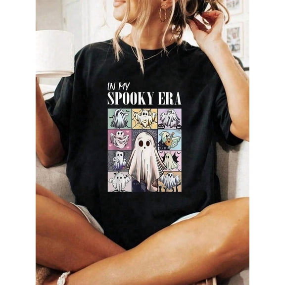Women Funny In My Spooky Era Ghost Graphic Short Sleeve T-Shirt For Halloween Season Outfit