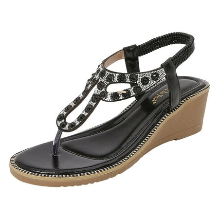 

QYZEU Women Sandals Comfortable Dressy Clip Toe Sandals Boho Rhinestone Sandals Ethnic Style Slope Thick Soled Beach Shoes Causal Breathable Lightweight Sandals Black 40