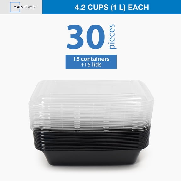 Mainstays 30-Piece (15 Containers 15 Lids) Meal Prep, BPA-Free, Microwave and Dishwasher Safe
