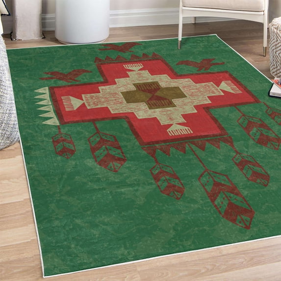 Tribal Decorative Rug, Hand Drawn Dreamcathcher Folkloric Birds Image Ethnic Ikat Design, Quality Carpet for Bedroom Dorm and Living Room, 6 Sizes, Raspberry Hunter Green, by Ambesonne