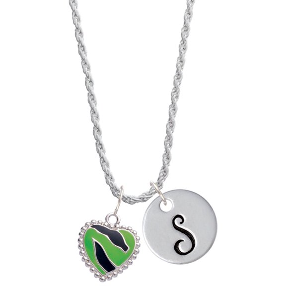 Delight Jewelry Silvertone Lime Green Zebra Print Heart Silvertone Script Initial Disc - S - Charm Necklace, 20"+3"