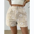 thumbnail image 5 of Women's Fashion Jean Shorts with Mid-Rise Elastic Waist and Straight Leg, Embroidered Lace Detail Shorts for Ladies Chic Style, Perfect for Casual Outings and Comfortable Daily Wear,Beige S, 5 of 5