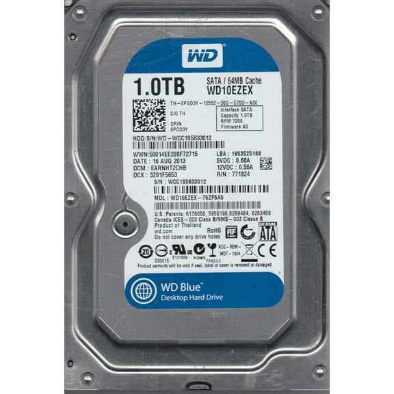 WD10EZEX-75ZF5A0, DCM EARNHT2CHB, Western Digital 1TB SATA 3.5 Hard Drive