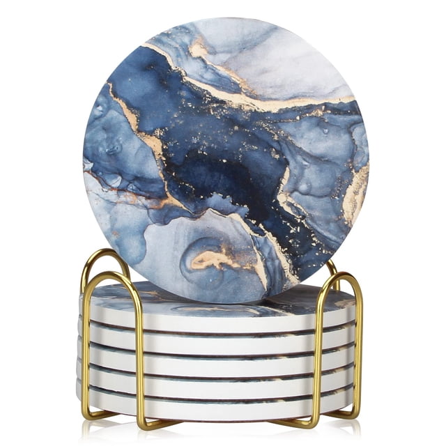 Juego de posavasos de cerámica Dksyee de mármol azul marino con soporte, 6 unidades
