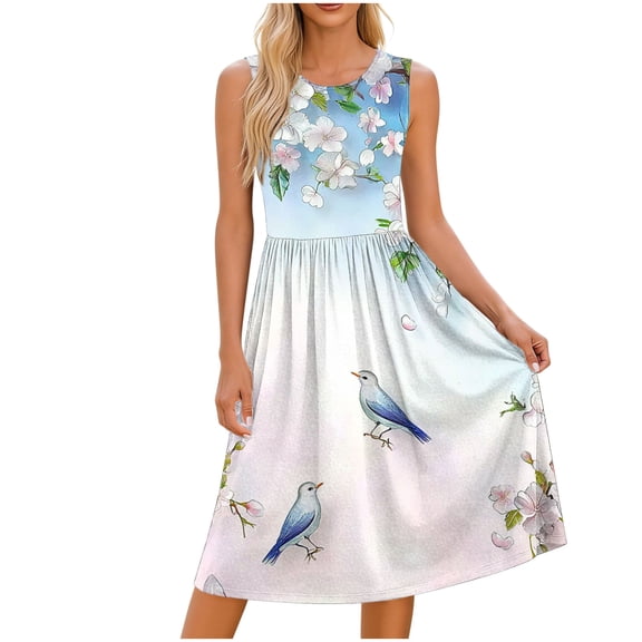 SELONE Spring Dresses for Women Crew Neck Sleeveless Midi Dress Wide Strap Summer Dresses with Pockets Floral Sun Dress