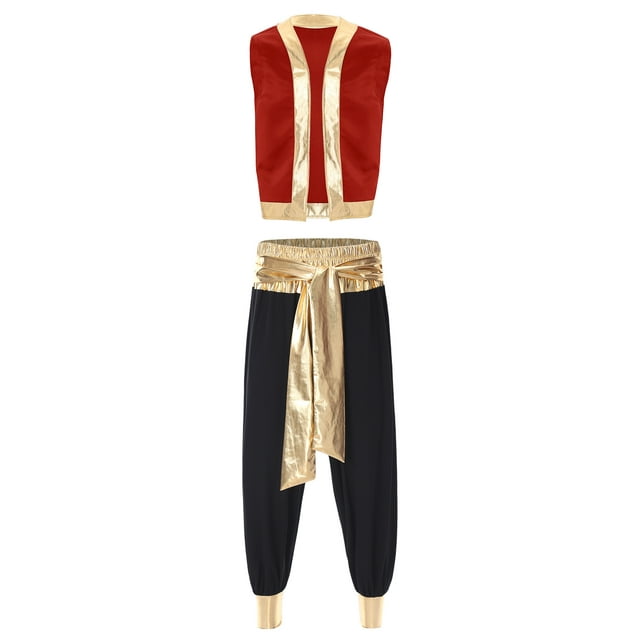 iiniim Mens Arabian Prince Outfits Open Front Vest Top and Long Pants Set for Halloween Cosplay Red&Black L