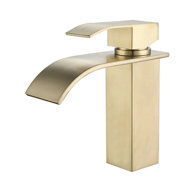 Grifo de lavabo elegante, caño de cascada de acero inoxidable con acabado en oro cepillado, grifo de lavabo para RV con cartucho de cerámica, manija única para un control suave del agua