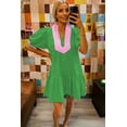thumbnail image 5 of Women's Bright Green Color Block Mini Dress – Casual Summer Style with Ruffle Hem and Puff Sleeves, XL, 5 of 10