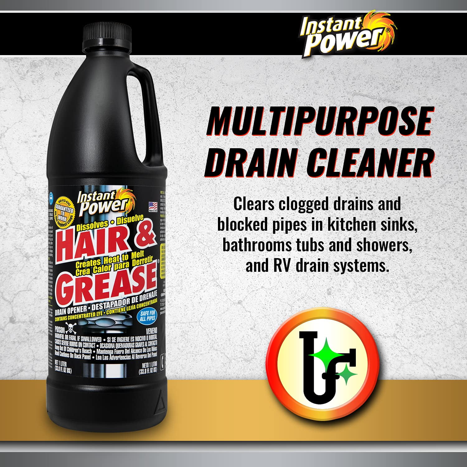  Instant Power Hair and Grease Drain Opener and Clog Remover 2  Liters (67.6 Fl Oz), Black : Health & Household