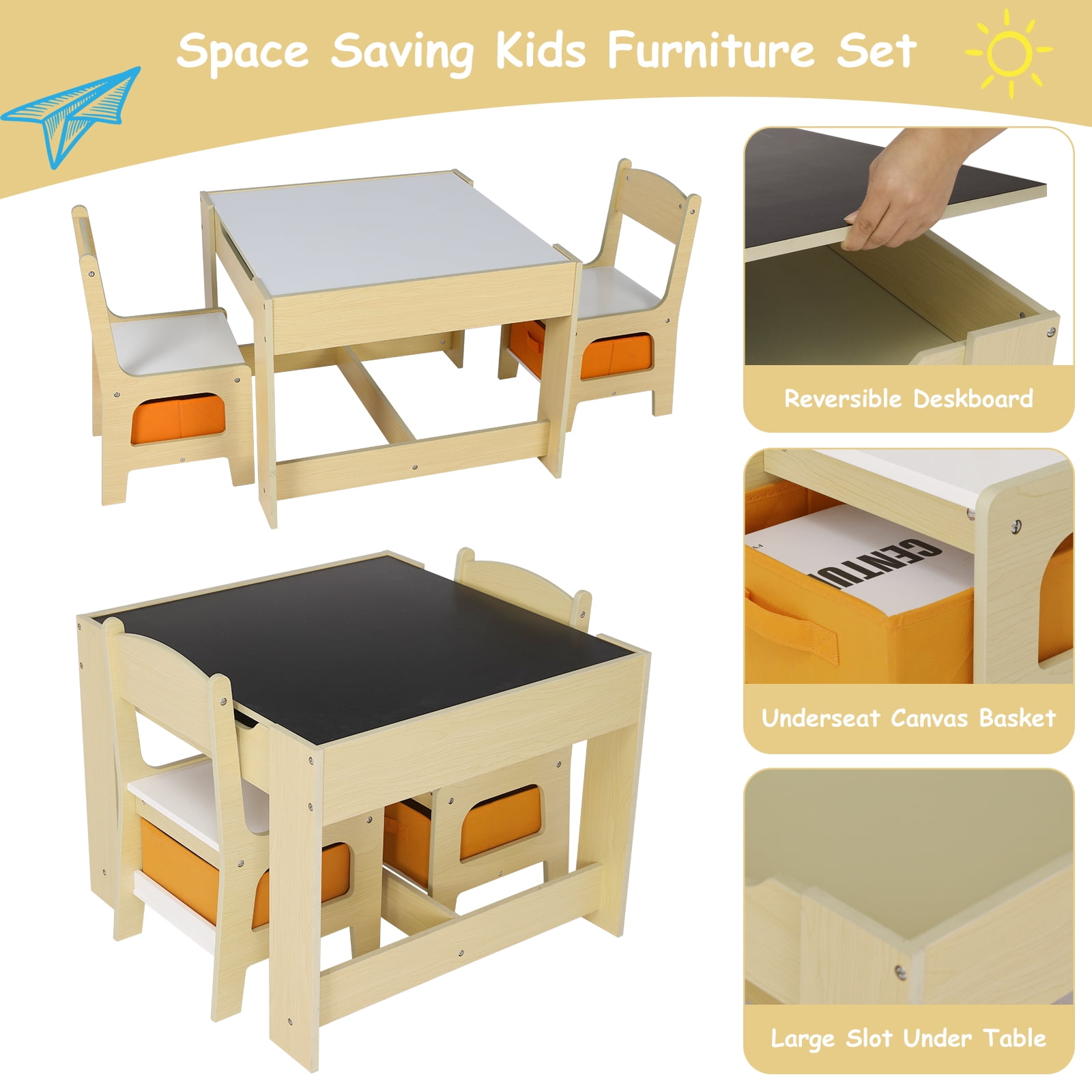TLSUNNY Kids Table and 2 Chairs, 4-in-1 Toddler Activity Set with Blackboard, Reversible Desk & Storage Organization, for Age 3 +