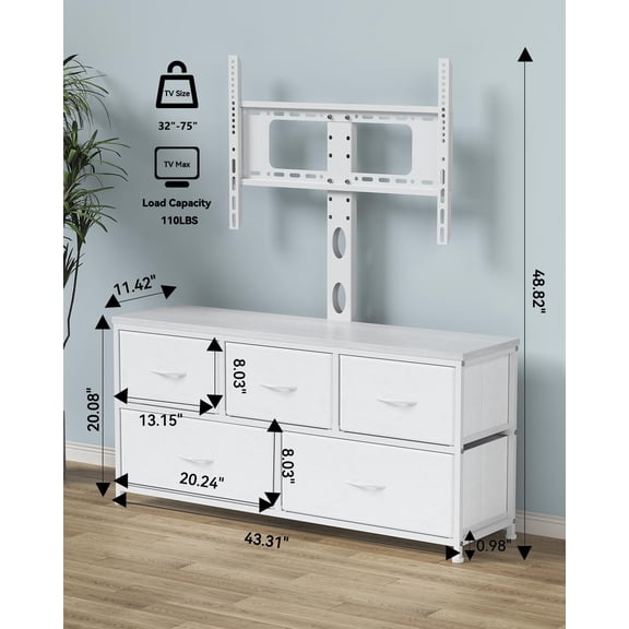 TV Stand with Mount and 5 Fabric Drawers for 32-75 Inch TVs, White Modern Media Console Entertainment Center