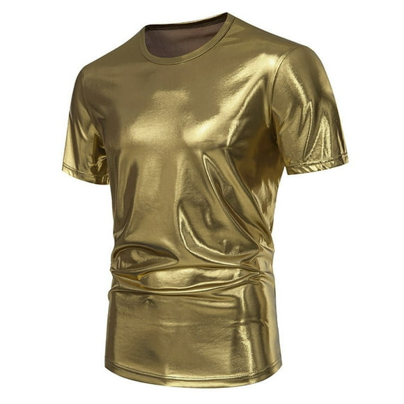 LUOGENLI Male T-shirts for Mens Mens Fashion Trendy Party Stage Glossy Short Sleeved Round Neck T Shirt for Men Vintage T-shirts for Men Graphic Tee Easter Gold XXL