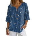 thumbnail image 2 of Boho Floral V Neck T Shirts for Women Cotton Linen 3/4 Sleeve Summer Beach Casual Tops #03Navy S, 2 of 6