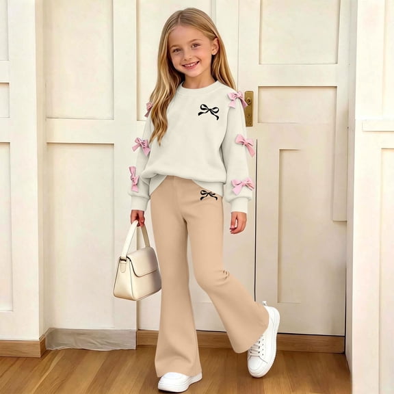 FSYBOA Girls Fall Outfit Set Size 6, Thick Crew Neck Long Sleeve 2 Piece Graphic Tops and Flare Leg Pants Khaki