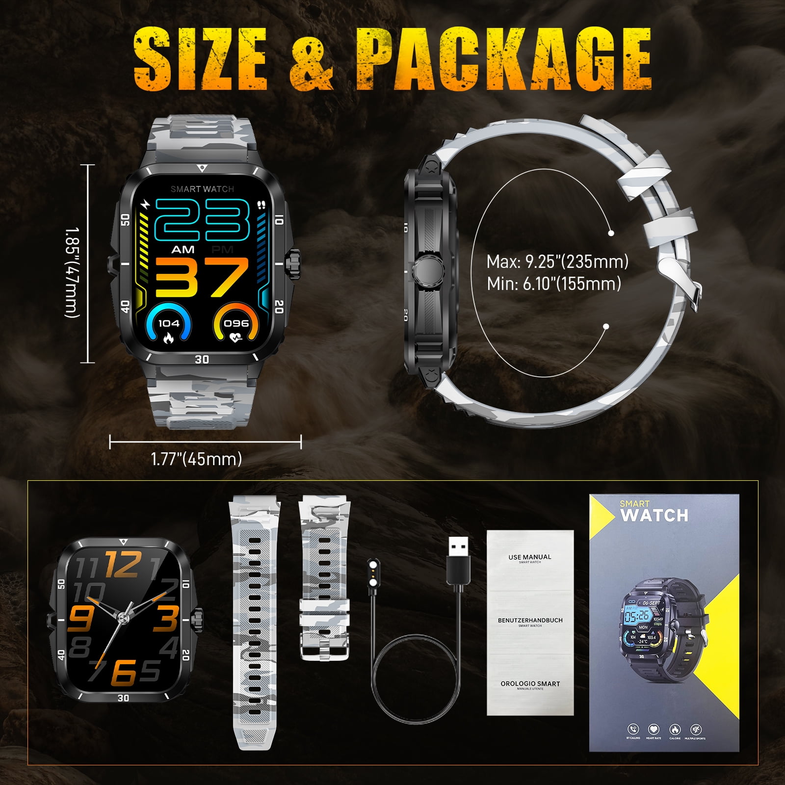 XAXRE Smart Watches for Men (Make/Answer Calls), 3ATM Waterproof Sport Rugged Watch, 1.96" HD Screen 100+ Sports Modes Fitness Tracker, for Android iPhone