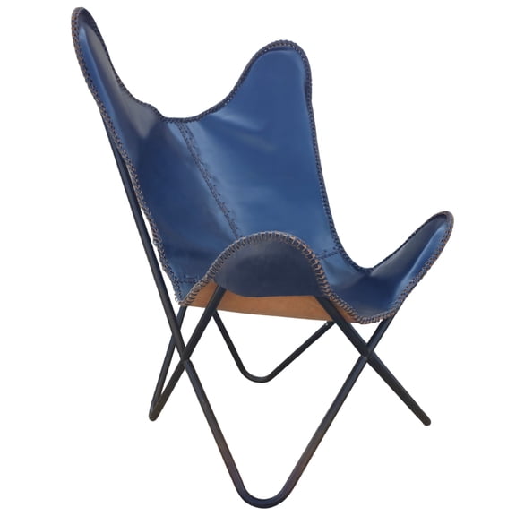 Blue Leather Butterfly Chair Handmade Genuine Leather Lounge Accent Chair with Iron Frame