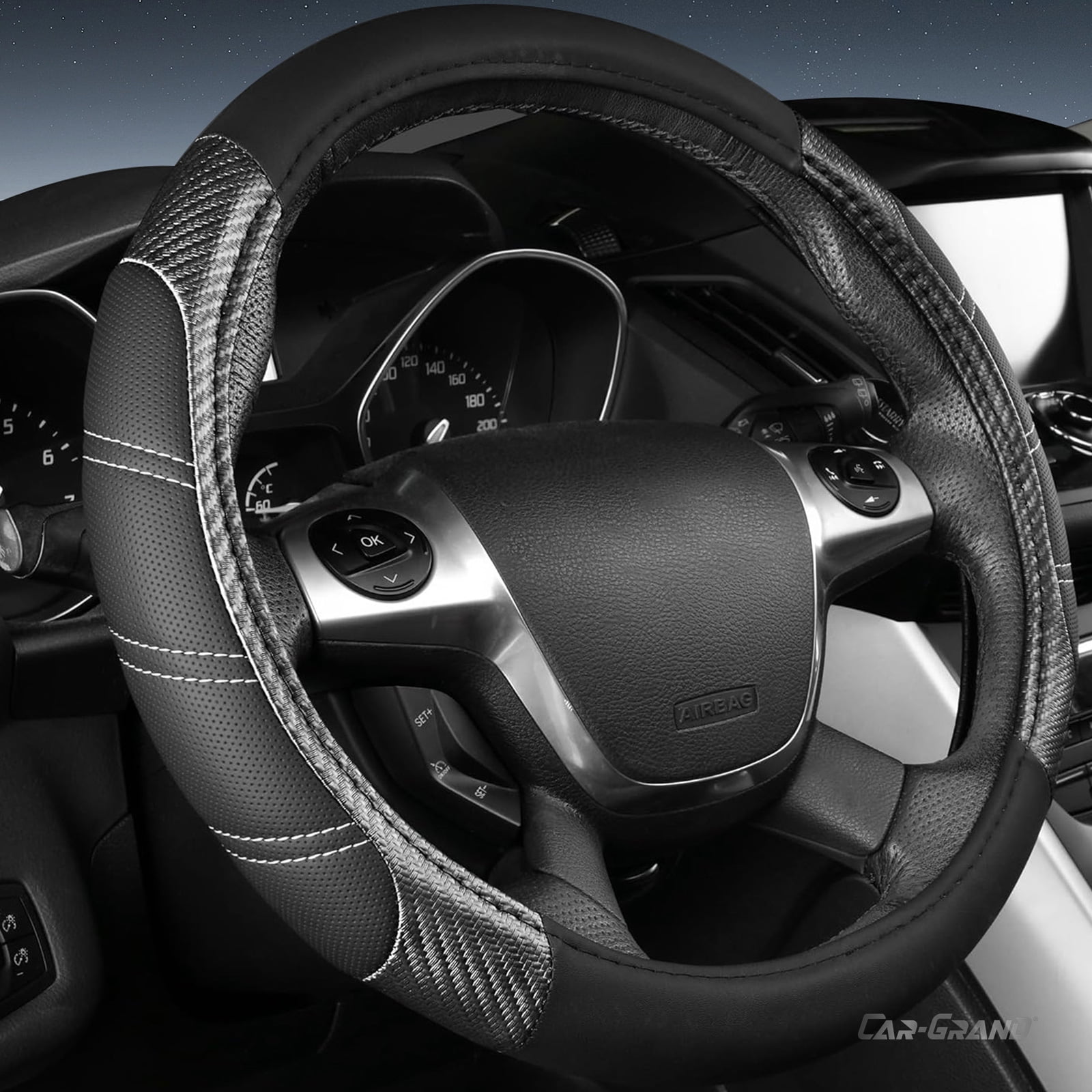 CAR GRAND Leather Steering Wheel Cover and Waterproof Carpet Car Floor Mats,Universal Fit Combo Pack Sedan,SUV,Cars, 14.5" to 15" Sporty Anti-Slip Black