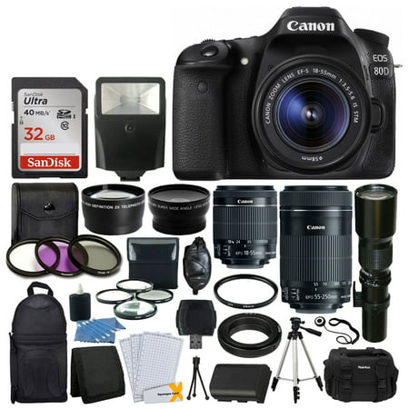 Canon EOS 80D DSLR Camera Body + Canon EF-S 18-55mm + Canon EF-S 55-250mm Lens & Telephoto 500mm f/8.0 (Long) + Wide Angle Lens + 58mm 2x Lens + Macro Filter Kit + 32GB Memory Card + Accessory