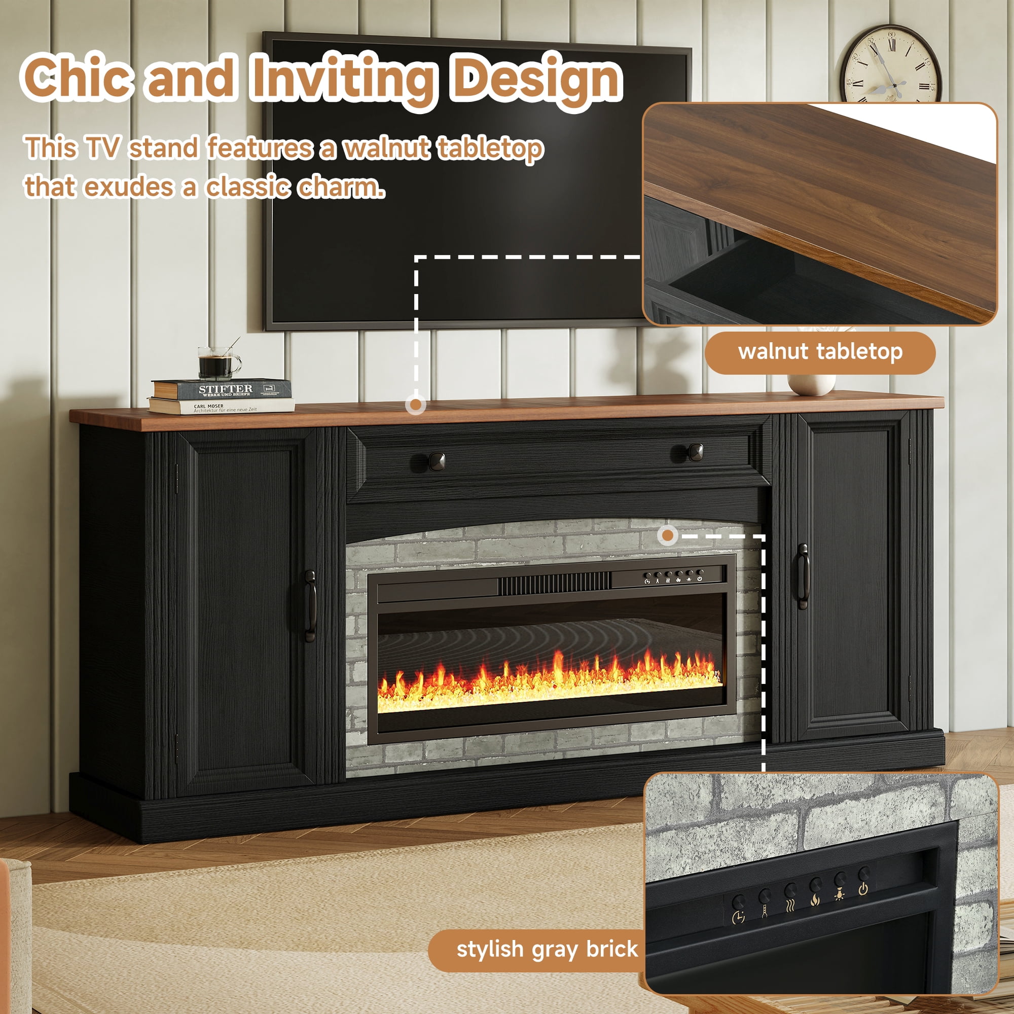 Mintazer Farmhouse Electric Fireplace TV Stand for TVs Up to 70", Entertainment Center with 2 Storage Cabinets & Large Drawer and Adjustable Shelves for Living Room, Black