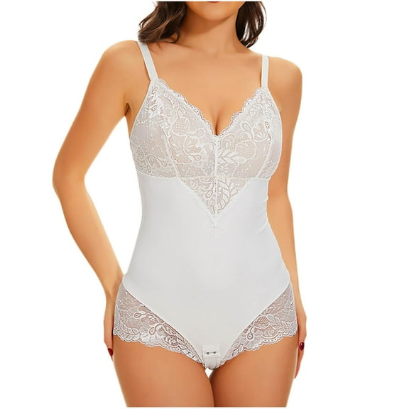 Gmluru Shapewear For Women Solid Color V-Neck Lace Camisole Waist Lift Buttocks Crotch Buckle Bodysuit White Shaping Underwear S-3XL
