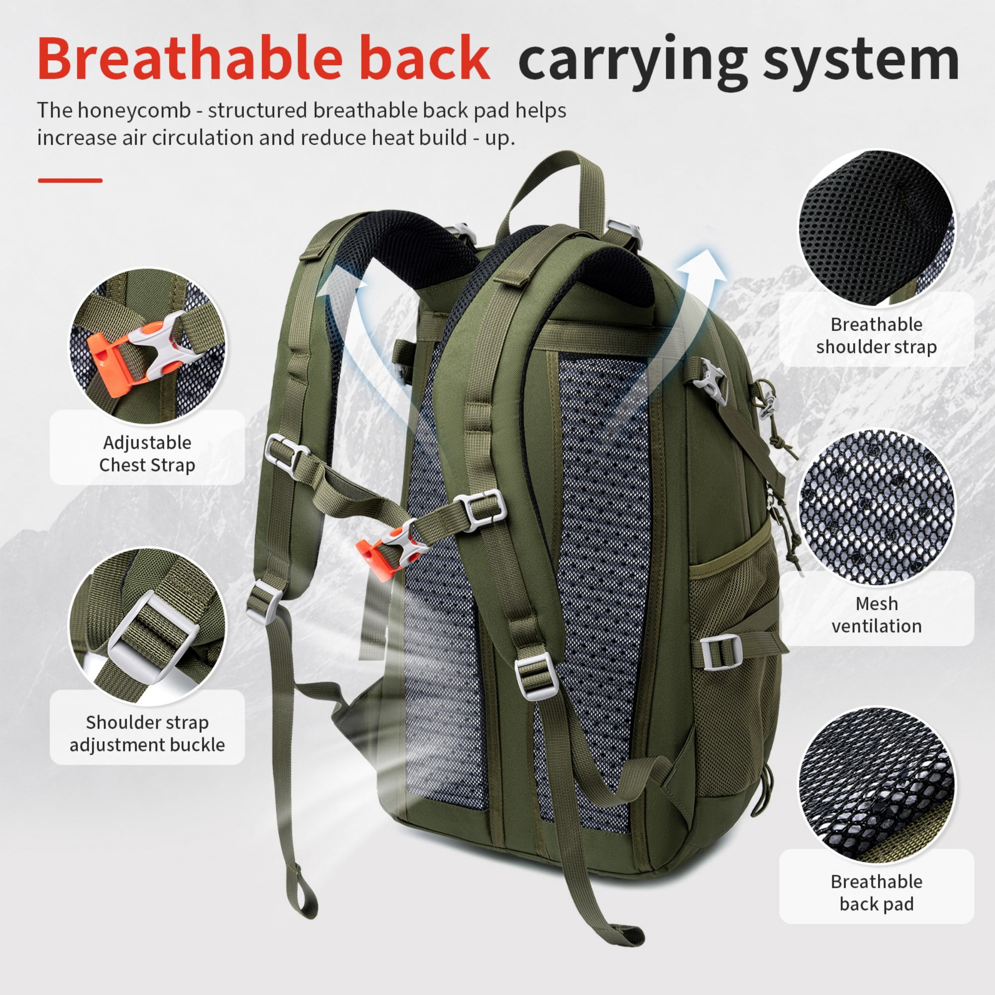 BSHTI 25L Polyester Nylon Hiking Backpack with Rain Cover, Breathable Back, Large Storage for Travel Camping（Green）