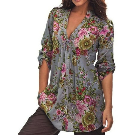 - Women Vintage Floral Print V-neck Tunic Tops Women's Fashion Plus Size Tops