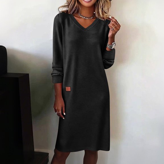 BLTIBY Sweatshirt Dress for Women Spring Casual Long Sleeve V Neck Solid Color Pullover Mini Dresses Outfits Black XL