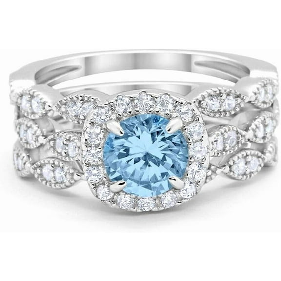 Divine Creation 2.00 Ct Round Cut Aquamarine Wedding Engagement Bridal Ring Set 14K White Gold Plated 925 Sterling Silver For Women's -6