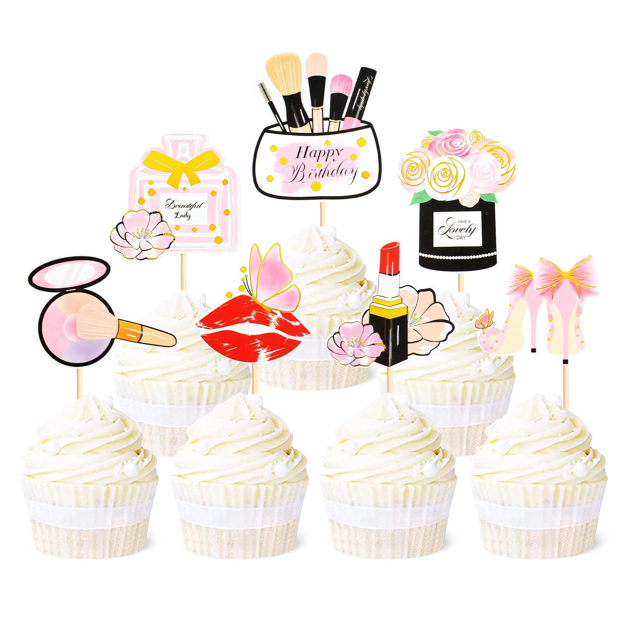 35 Pack Glitter Makeup Cupcake Toppers Lipstick Cake Picks Perfume