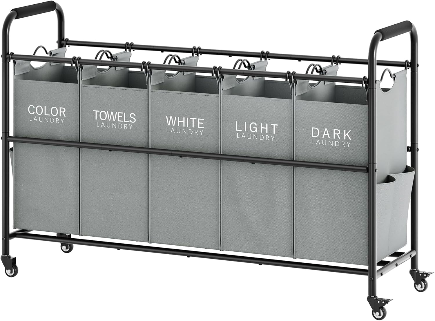 5 Bag Laundry Sorter Cart, 5 Section Laundry Hamper with Heavy Duty Rolling Lockable Wheels, Laundry Basket Organizer with Removable Bags for Dirty Clothes Storage, Black