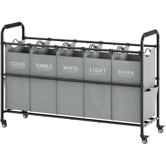 Laundry Sorter, Laundry Hamper 5 Section with Heavy Duty Rolling Lockable Wheels, Laundry Basket Organizer with Removable Bags for Dirty Clothes Storage, Grey