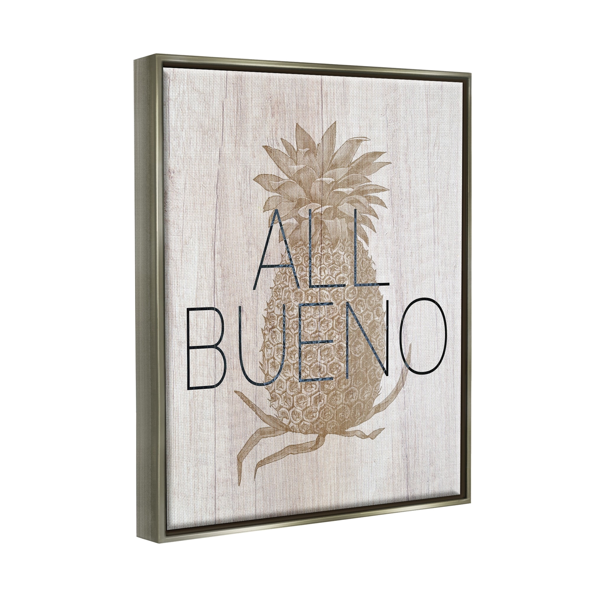 Stupell Industries All Bueno Phrase Vintage Pineapple Illustration Rustic Pattern Luster Gray Framed Floating Canvas Wall Art, 16x20, by Daphne Polselli