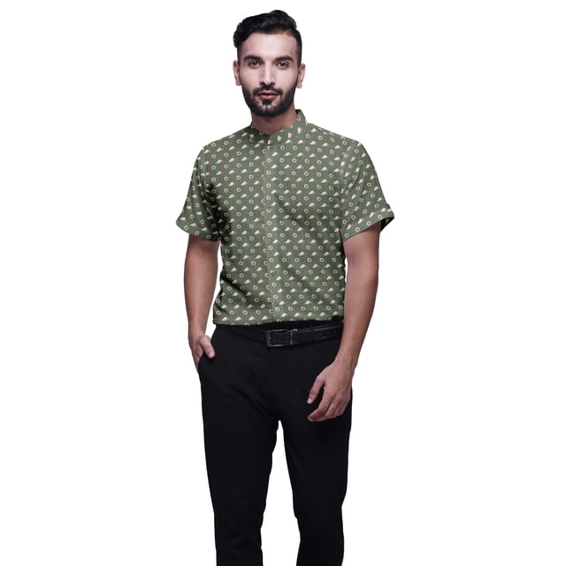BESTMAN Chemise en Coton pour Hommes Manches Courtes Col Mandarin Imprimé Chemise Décontractée