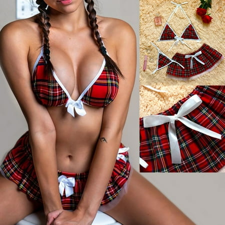 

Rong Yun 3PC Women Sexy Bow Underwear Pajamas Lingerie Mini Skirt + Thong Set(Buy 2 Get 1 Free)