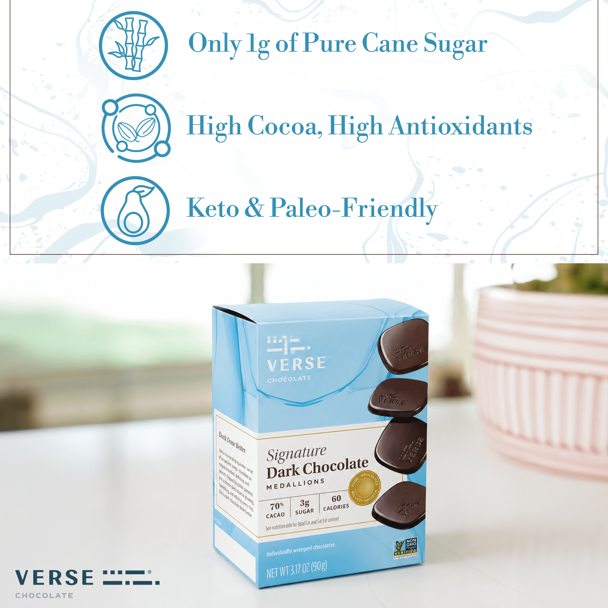 Verse Signature 70% Dark Chocolate Squares - Keto-Friendly, Low Sugar Snack - Creamy, Smooth Dark Cocoa - Only 3g Cane Sugar - Individually Wrapped Premium Cacao Chocolate Squares (9 Count, 4 Pack)