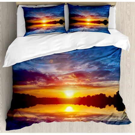 Lake Duvet Cover Set Queen Size, Dreamy Sunset Scenery with Reflection on the Lake Dramatic Dusk Twilight, Decorative 3 Piece Bedding Set with 2 Pillow Shams, Blue Pale Orange Yellow, by Ambesonne