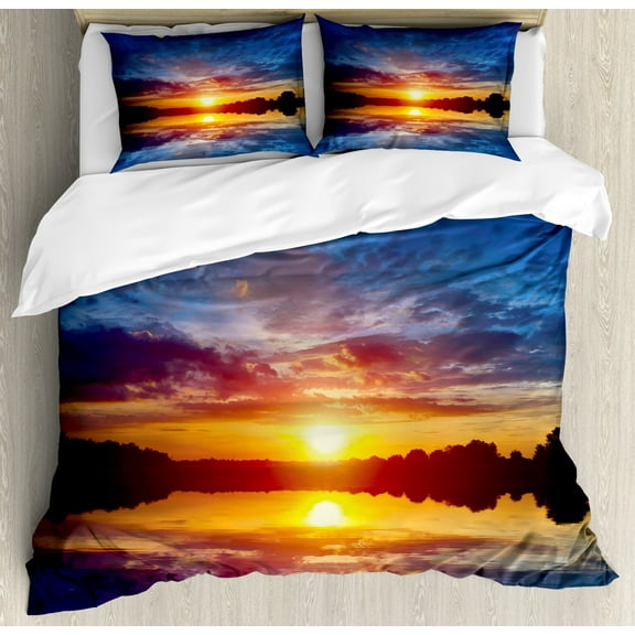Lake Duvet Cover Set King Size, Dreamy Sunset Scenery with Reflection on the Lake Dramatic Dusk Twilight, Decorative 3 Piece Bedding Set with 2 Pillow Shams, Blue Pale Orange Yellow, by Ambesonne