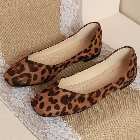 Flats for Women Comfortable Solid Color Soft Flats Square Toe Ballet Shoes Dressy Slip-ons Loafers leopard print Comfortable Flat Ballet Shoes