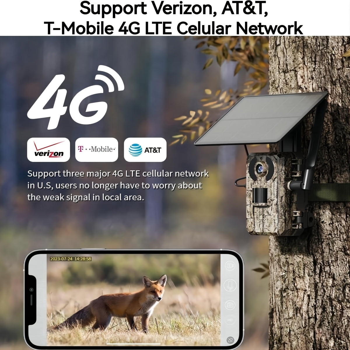 GMOX 4G LTE Cellular Solar Trail Camera, Wireless Game Hunting Camera with 10400mAh Battery, 950nm No Glow Night Vision, IP66 Waterproof, Camouflage