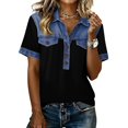thumbnail image 3 of Womens Denim Buttons Decor Western Tops Splicing V Neck Dressy T-Shirt Patchwork Collared Casual Blouses Black 2XL, 3 of 6