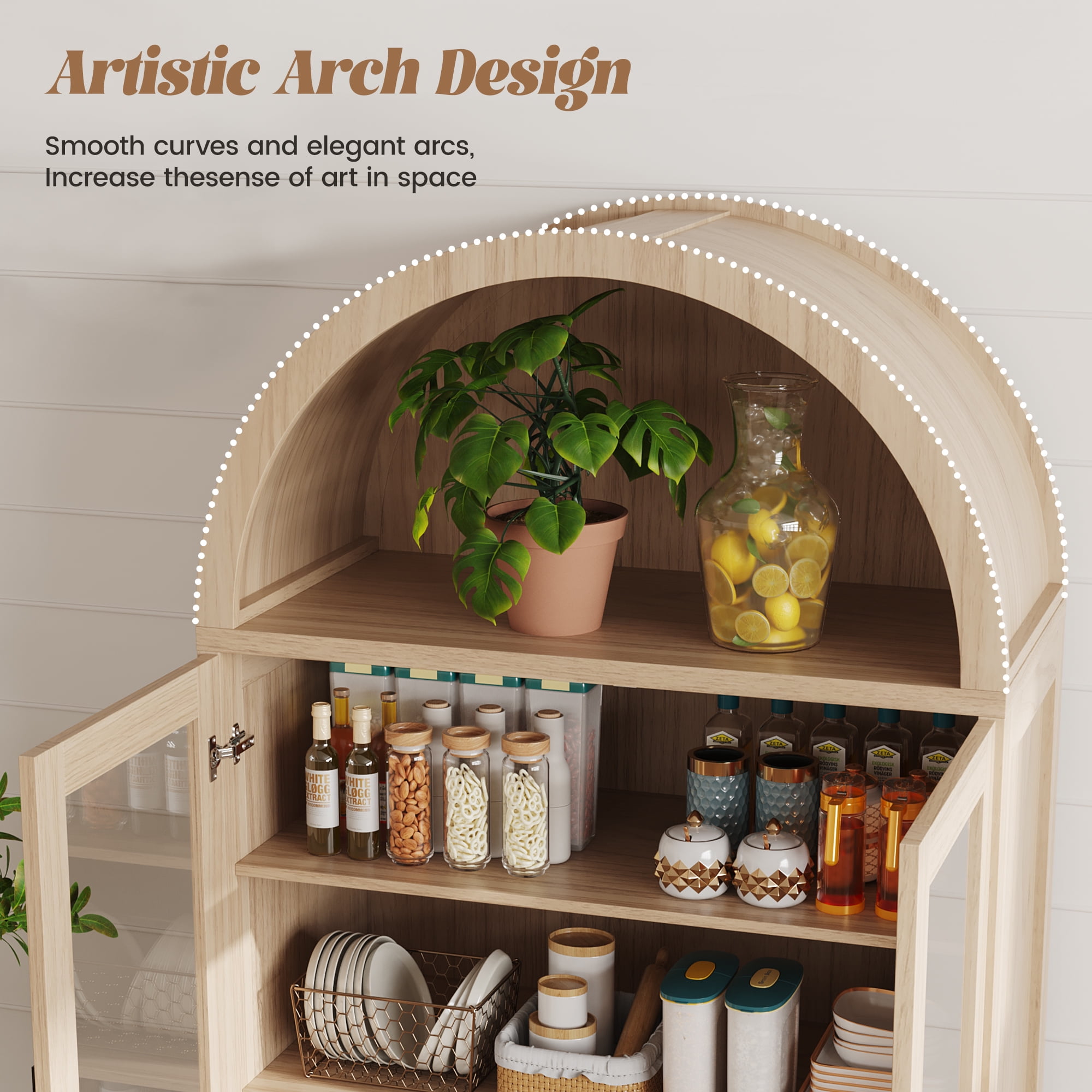 VEANERWOOD 71" Tall Arch Cabinet, Wood Fluted Kitchen Kitchen Storage Cabinet with 4 Doors and 6 Shelves for Dining Room Living Room