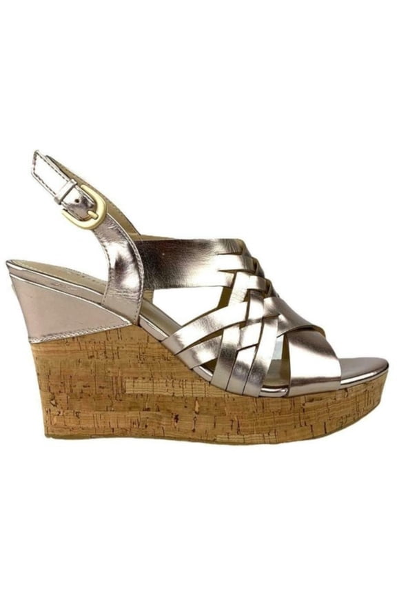 Womens Gold 1-1/2" Platform Woven Cork Strappy Logo Haela Round Toe Wedge Buckle Dress Slingback Sandal 7.5 M