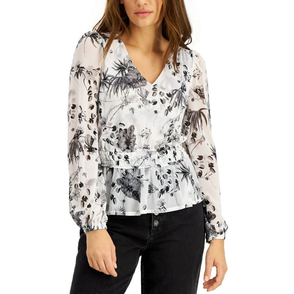 INC International Concepts Printed Peplum Mesh Top Raina Blooms A S